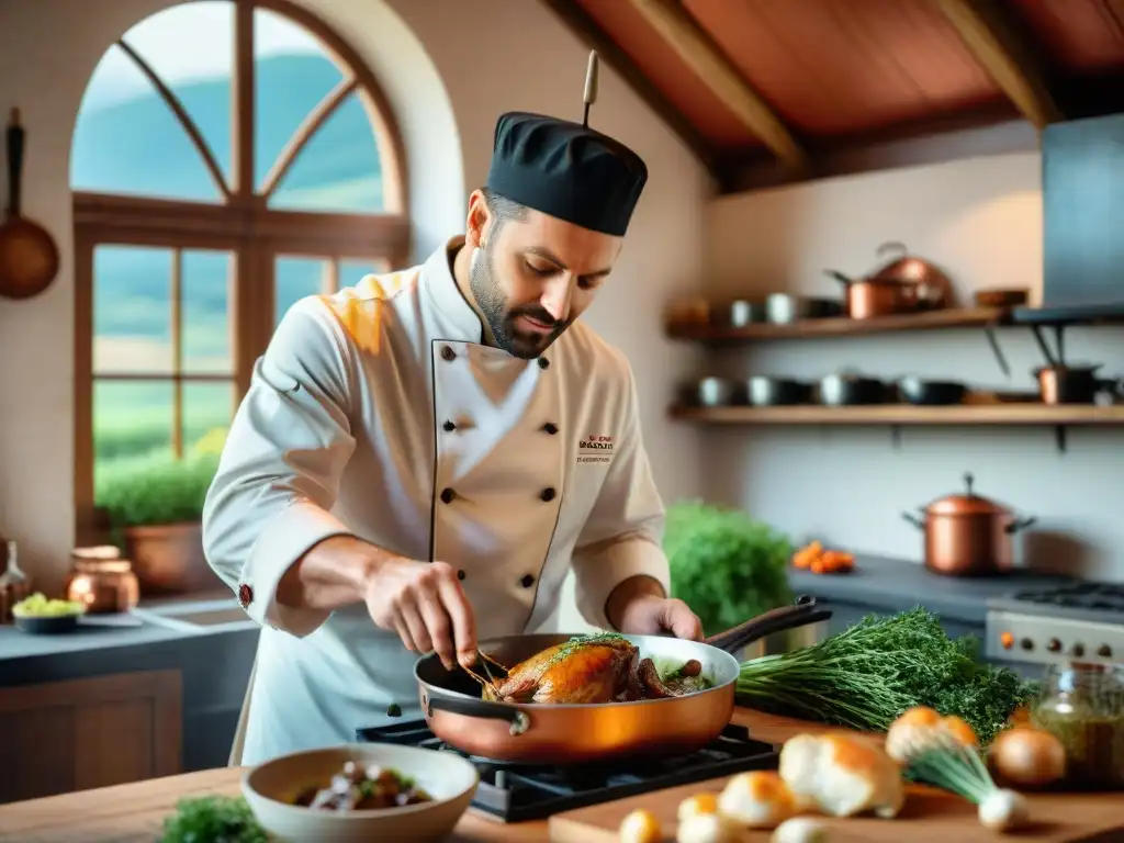 Un chef francés prepara Coq au Vin en una cocina rústica, con estilo culinario francés personalizado