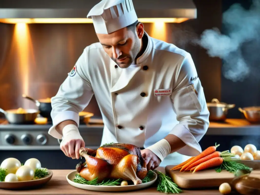 Un chef francés elabora un Coq au Vin en una cocina encantadora