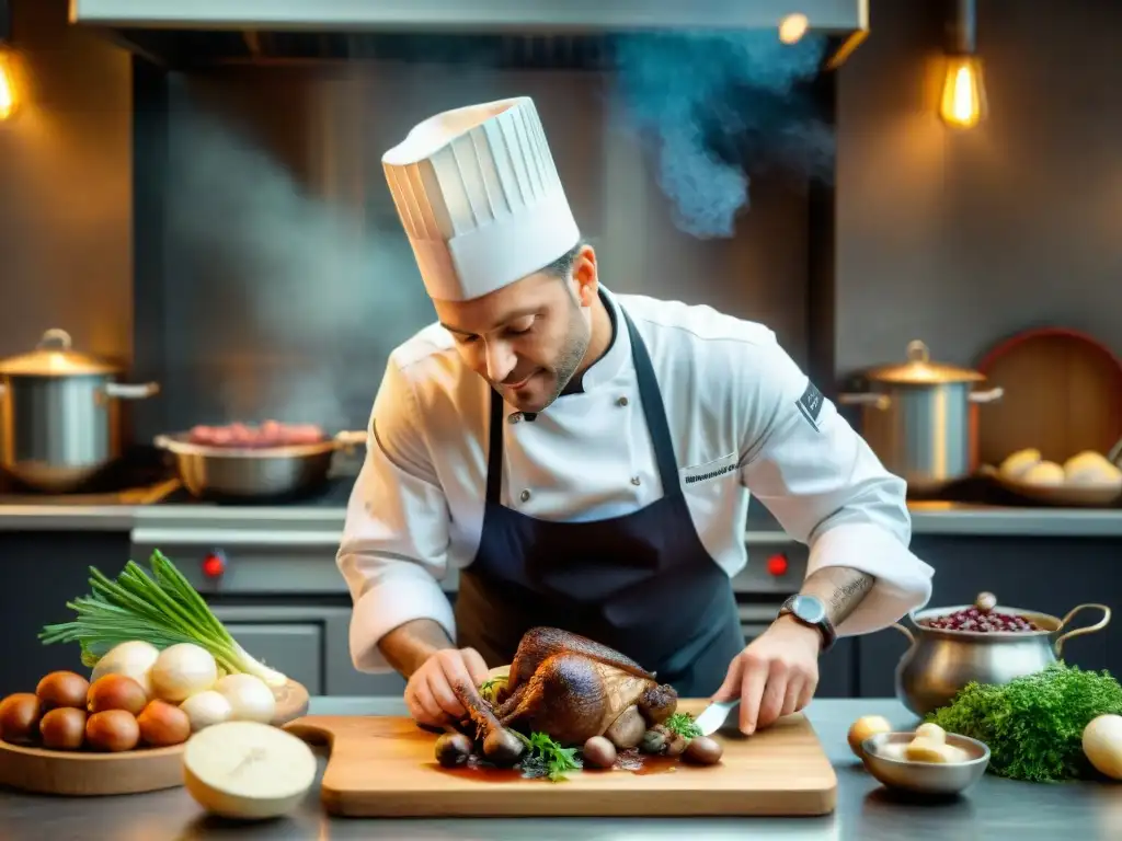 Un chef francés hábil prepara Coq au Vin en una cocina rústica, destacando su expertise y atención a los detalles