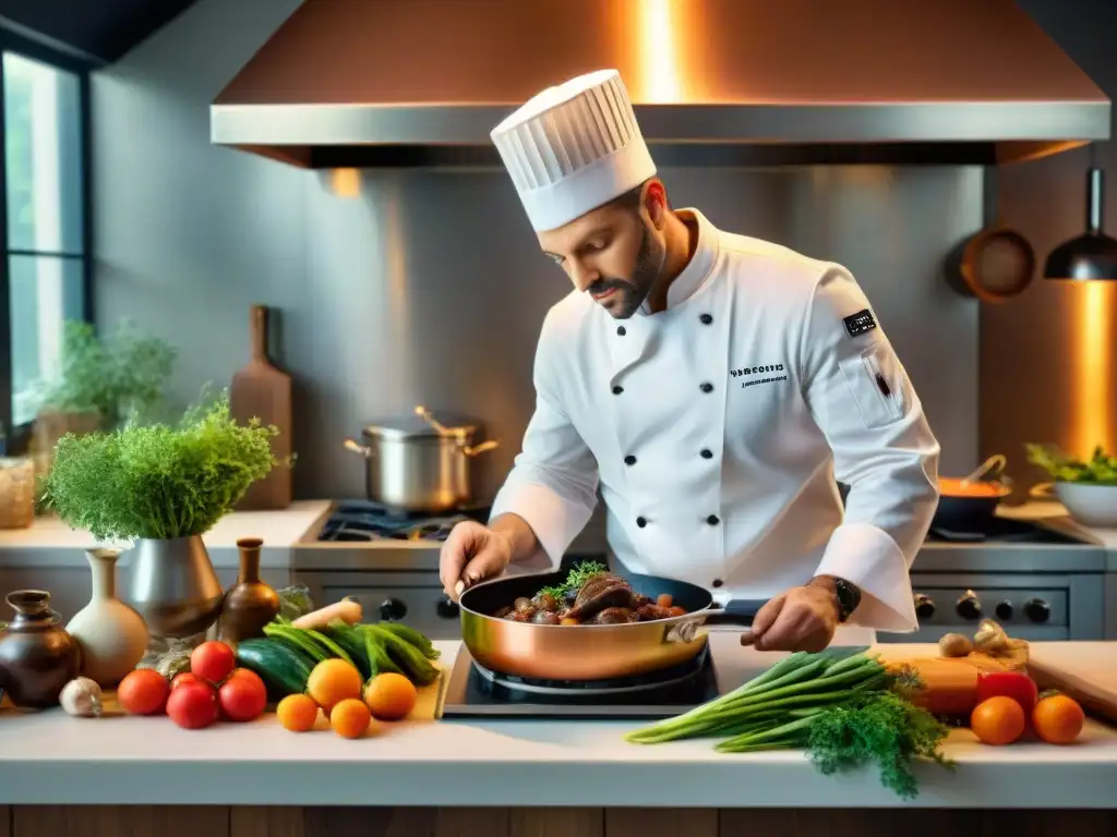 Un chef francés prepara un Coq au Vin en una cocina tradicional