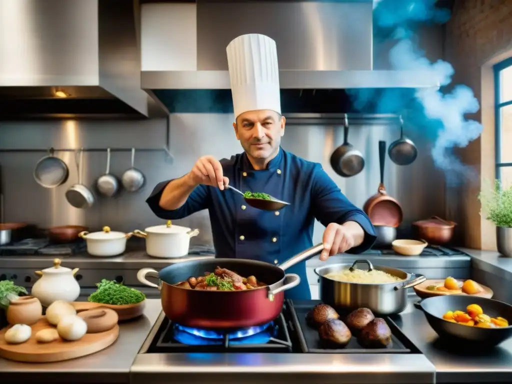 Chef francés preparando un Coq au Vin en una cocina parisina, con ingredientes frescos y colores vibrantes