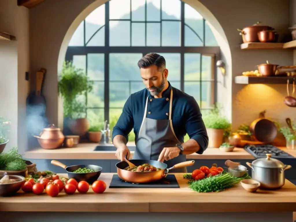 Un chef francés prepara un Coq au Vin en una cocina encantadora