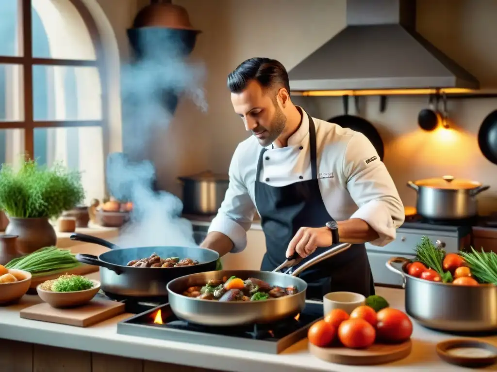 Un chef preparando Coq au Vin en una cocina francesa tradicional con hierbas frescas y verduras