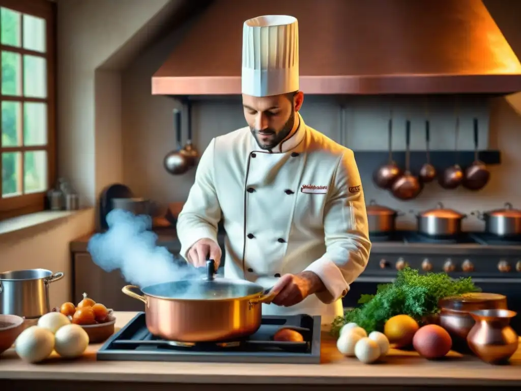 Un chef francés prepara Coq au Vin en cocina rústica