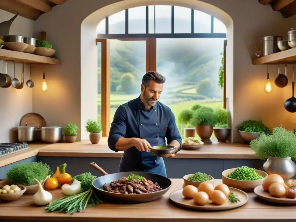 Un chef preparando Coq au Vin en una cocina francesa rústica