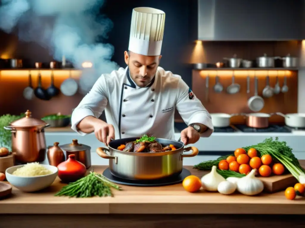 Un chef francés prepara Coq au Vin en una cocina tradicional, rodeado de utensilios de cobre y hierbas frescas