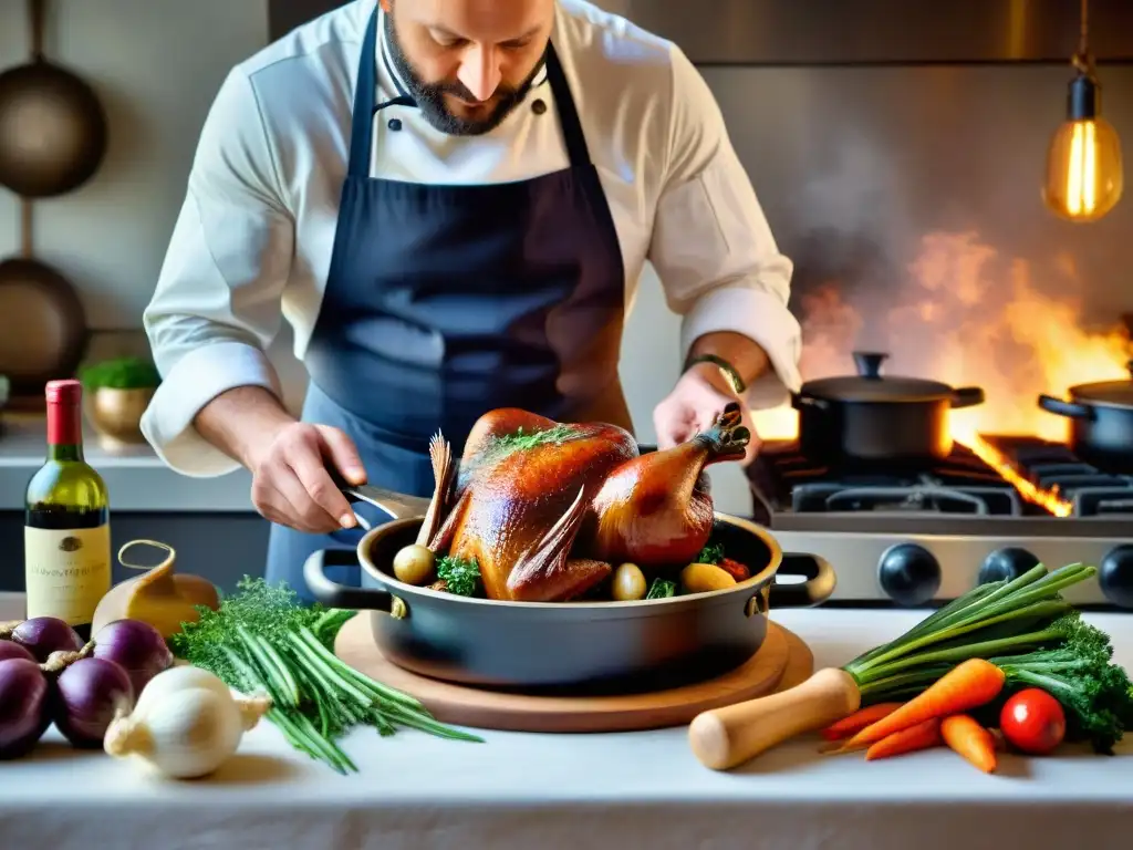 Un chef francés prepara Coq au Vin en una cocina rústica