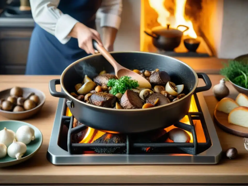 Un chef preparando Coq au Vin en una cocina tradicional francesa