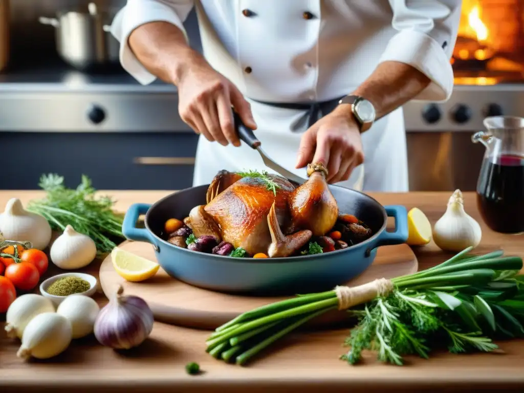 Un chef francés prepara Coq au Vin en una cocina rústica