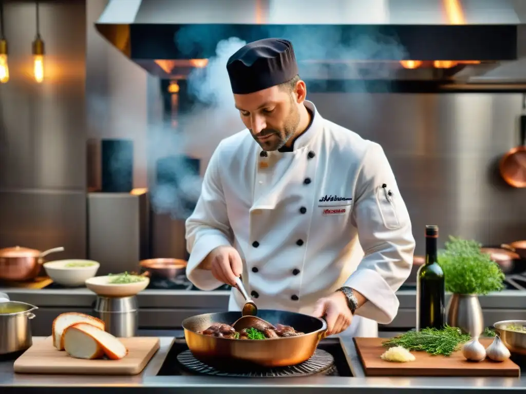 Un chef francés prepara Coq au Vin en una cocina elegante