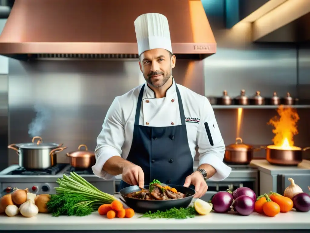 Un chef francés prepara Coq au Vin en su bistró, rodeado de ingredientes frescos