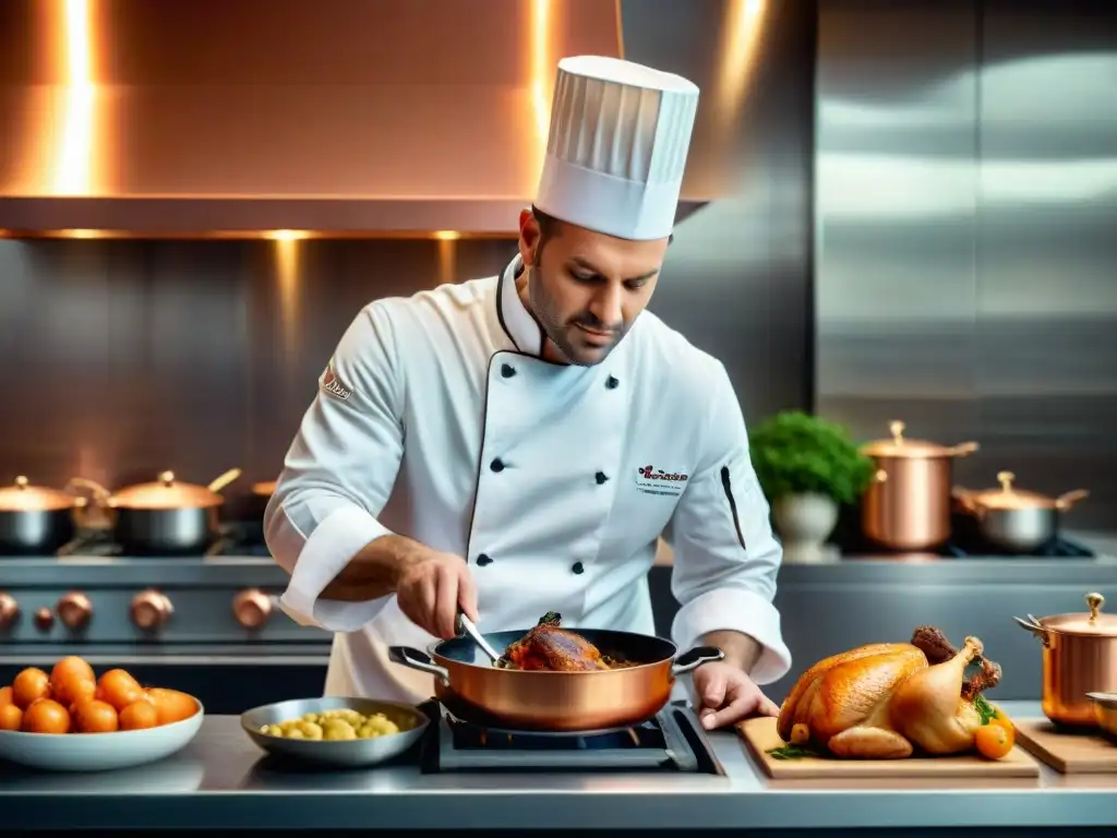 Un chef francés hábil elaborando un Coq au Vin en una lujosa cocina francesa, rodeado de utensilios cocina francesa alta gama