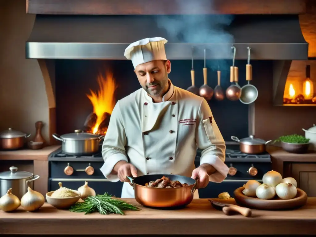 Un chef francés prepara Coq au Vin en cocina rústica iluminada, revelando secretos recetas gastronomía francesa