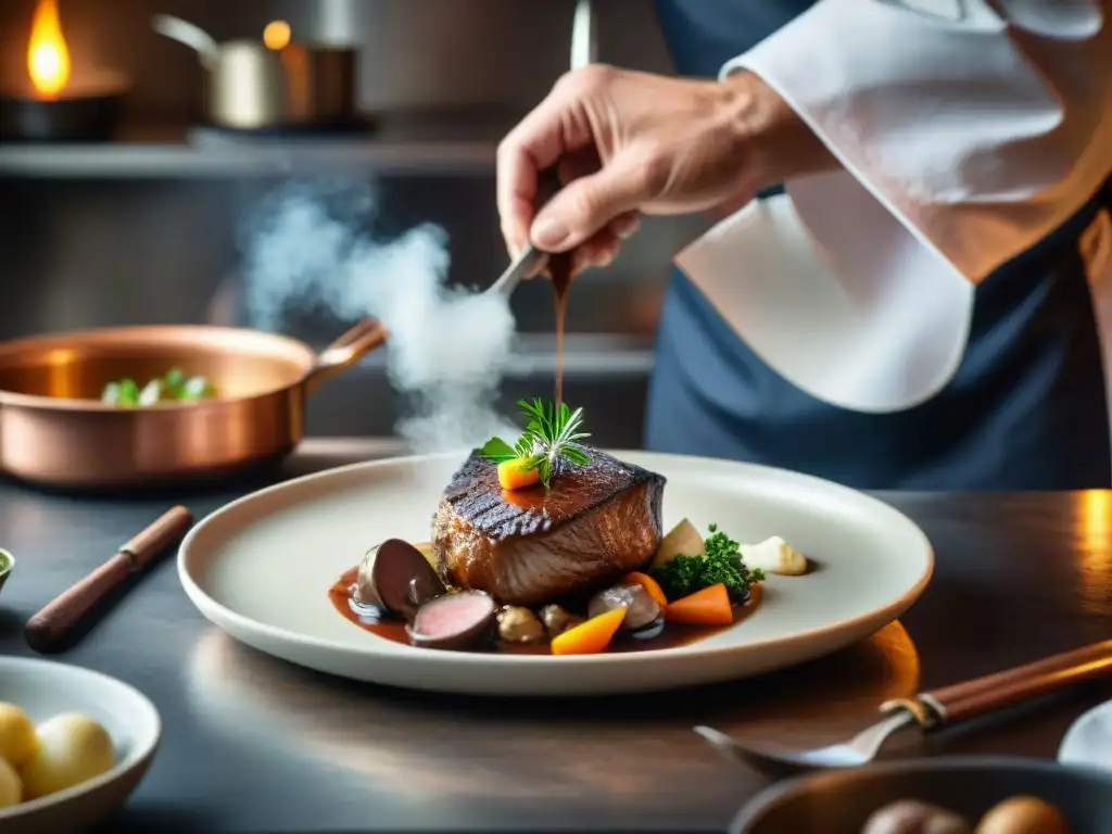 Un chef francés maestro plateando Coq au Vin en una cocina rústica