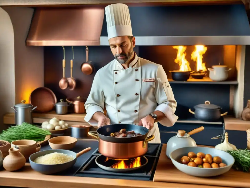 Un chef prepara Coq au Vin en una cocina francesa, preservación recetas tradicionales francesas