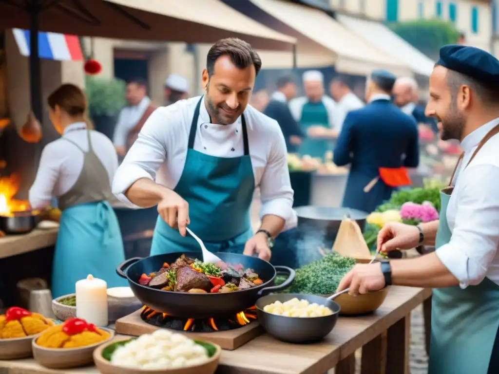 Chef preparando Coq au Vin en festival gastronómico francés