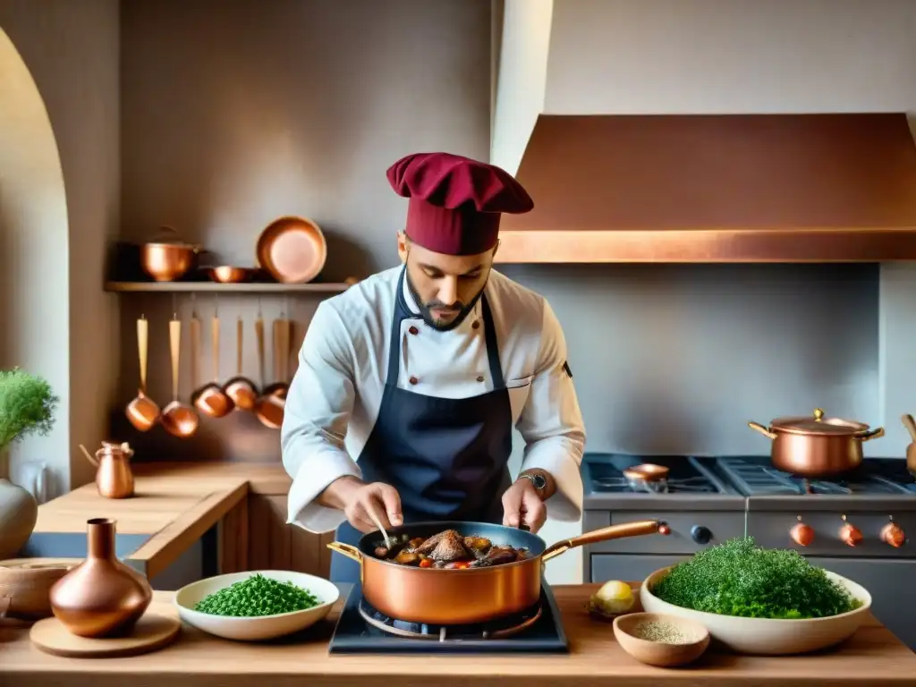 Un chef francés prepara Coq au Vin en una cocina rústica, reflejando la esencia de la Gastronomía francesa tradicional y moderna