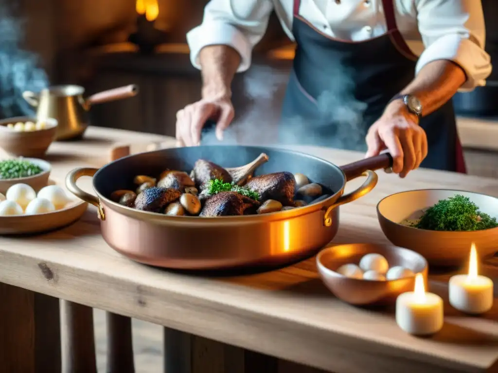 Un chef prepara Coq au Vin en una cocina tradicional de Borgoña Francia