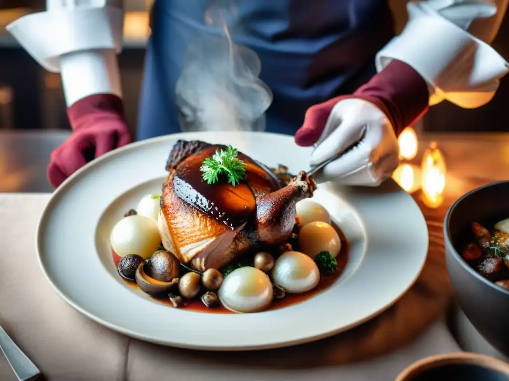 Chef francés preparando Coq au Vin en uno de los mejores bistrós de París, destacando la gastronomía francesa