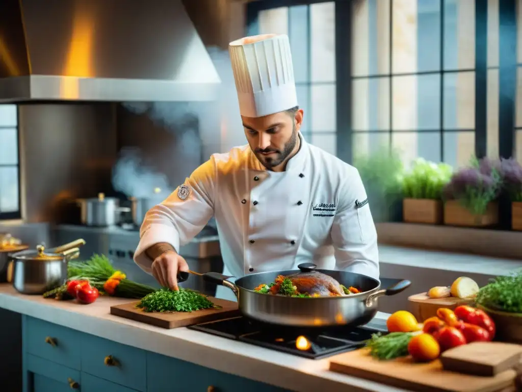 El chef francés prepara con maestría un Coq au Vin en una cocina parisina, revelando secretos culinarios de la gastronomía francesa