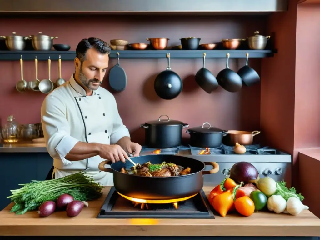 Un chef preparando un Coq au Vin en una cocina francesa rústica, con maridaje de vinos y alimentos nutritivos