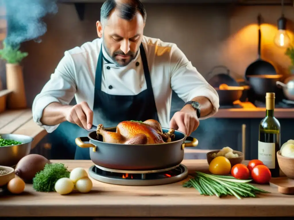 Un chef francés prepara Coq au Vin en una cocina rústica, destacando la influencia gastronomía francesa en cocina