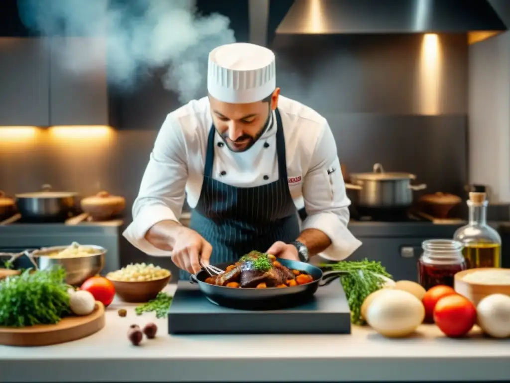 Un chef prepara un Coq au Vin en una cocina multicultural, fusionando recetas internacionales