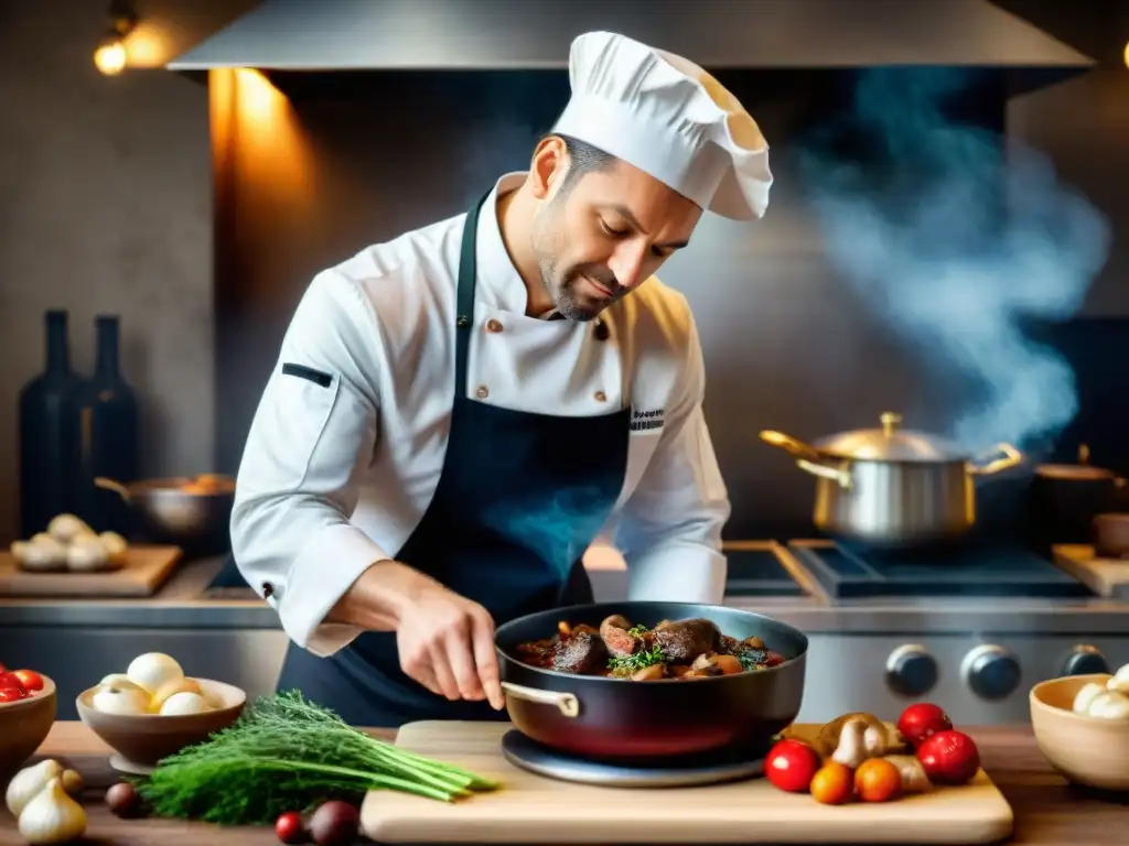 Un chef francés prepara Coq au Vin, fusionando la influencia umami de la gastronomía francesa con técnicas asiáticas