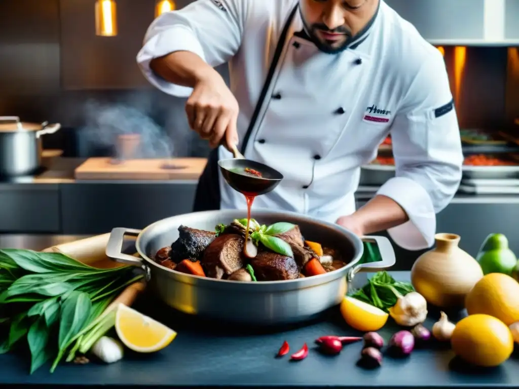 Un chef francés prepara un Coq au Vin en una cocina asiática, ilustrando el maridaje vinos franceses platos asiáticos