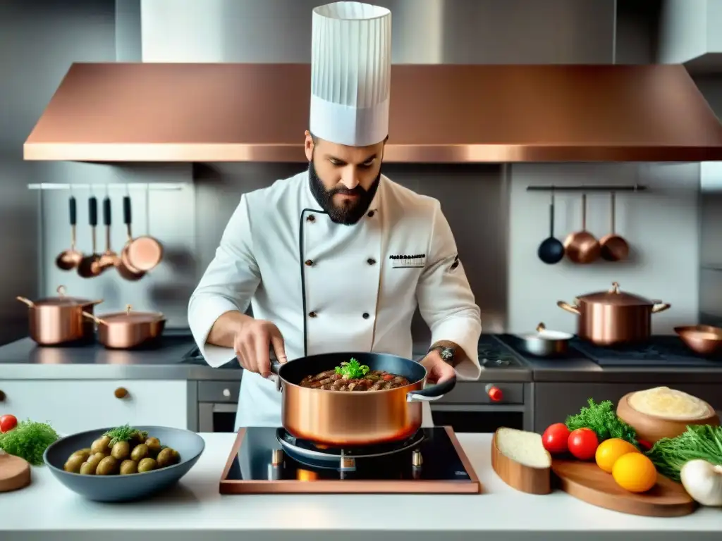 Un chef francés prepara Coq au Vin en una cocina moderna y tradicional, fusionando gastronomía francesa tradicional y moderna