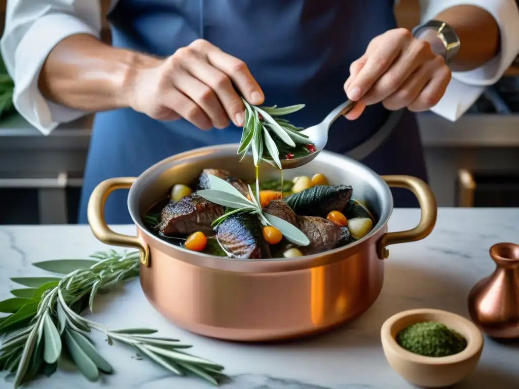 Un chef francés añade salvia fresca a un Coq au Vin, destacando el uso de la salvia en Francia