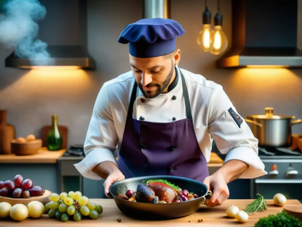 Un chef francés prepara Coq au Vin en una cocina rústica, destacando el uso de uvas en la cocina francesa