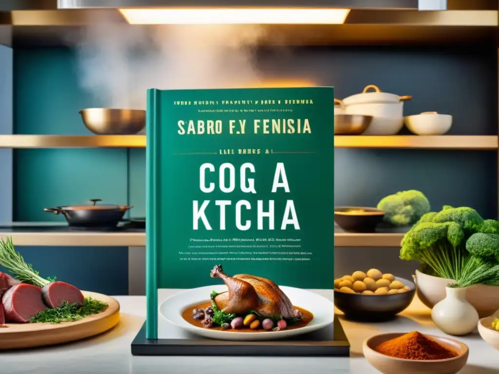 Un chef prepara Coq au Vin mientras rodeado de libros de cocina francesa moderna en una cocina bulliciosa