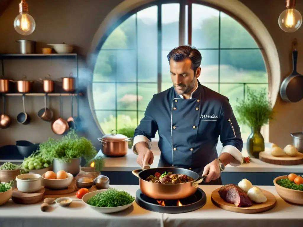 Un chef preparando Coq au Vin en una cocina francesa tradicional