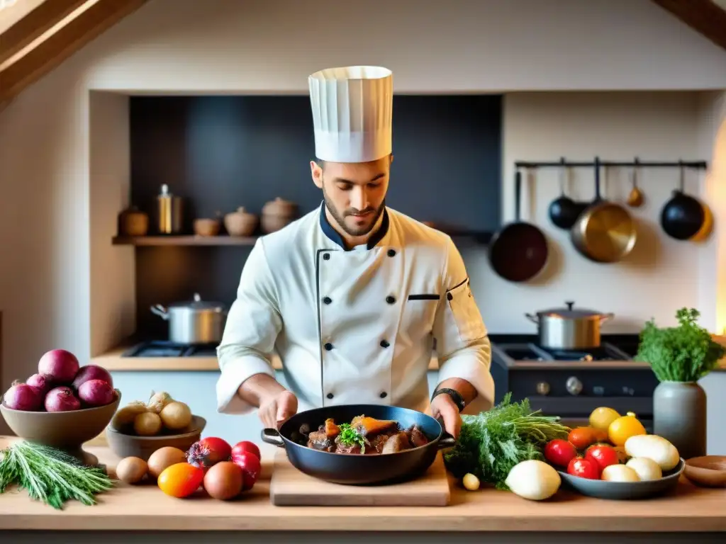 Chef francés preparando Coq au Vin en cocina rústica