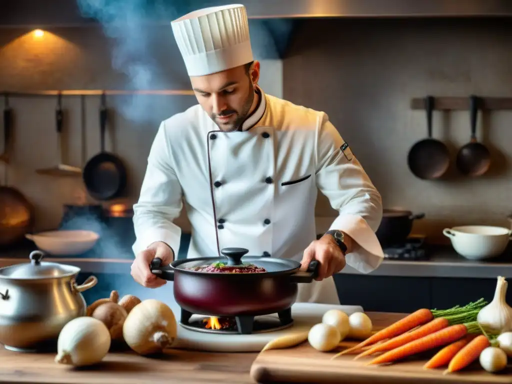 Un chef francés prepara Coq au Vin en una cocina rústica, exudando expertise y riqueza culinaria