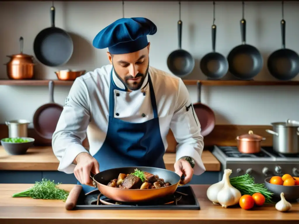 Un chef francés prepara un Coq au Vin en cocina rústica