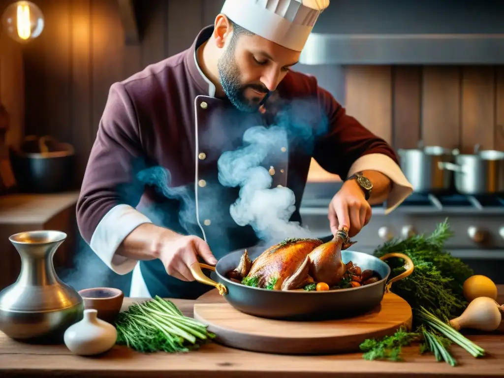 Un chef francés prepara con maestría un Coq au Vin en una cocina rústica y tenue, mostrando la psicología del gusto francés