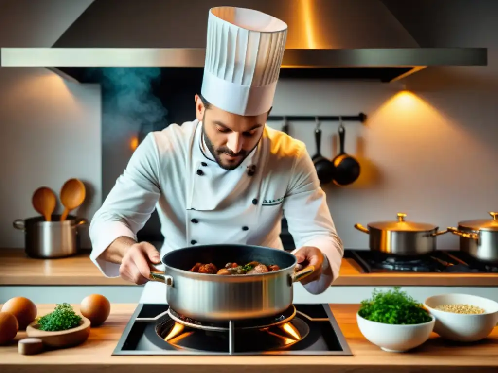 Un chef francés prepara un Coq au Vin en una cocina tradicional francesa