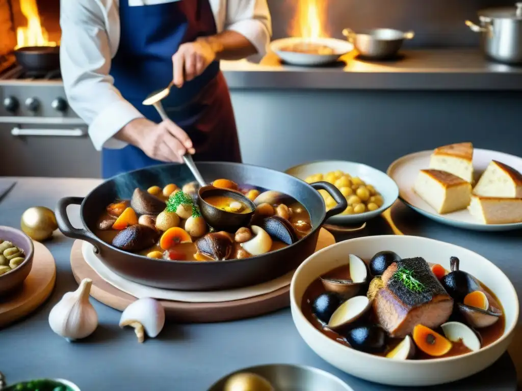 Un chef prepara coq au vin en una cocina francesa tradicional con platos emblemáticos y chefs creando recetas