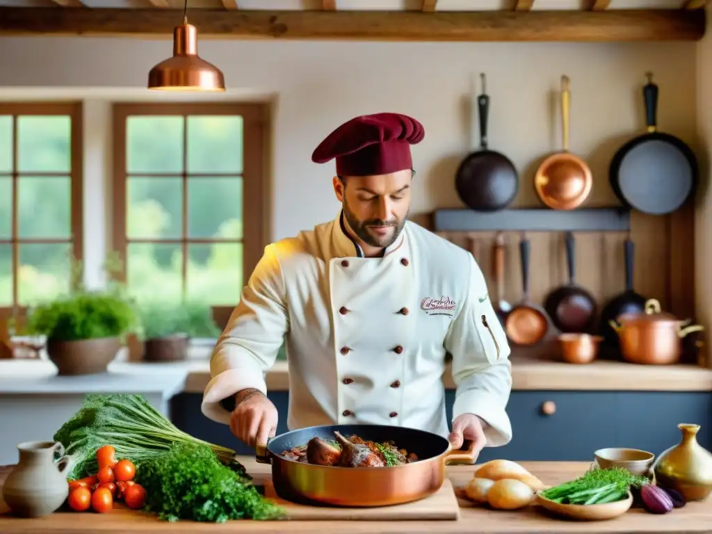 Un chef francés prepara Coq au Vin en una cocina encantadora, transmitiendo la esencia de la gastronomía francesa y sus recetas tradicionales