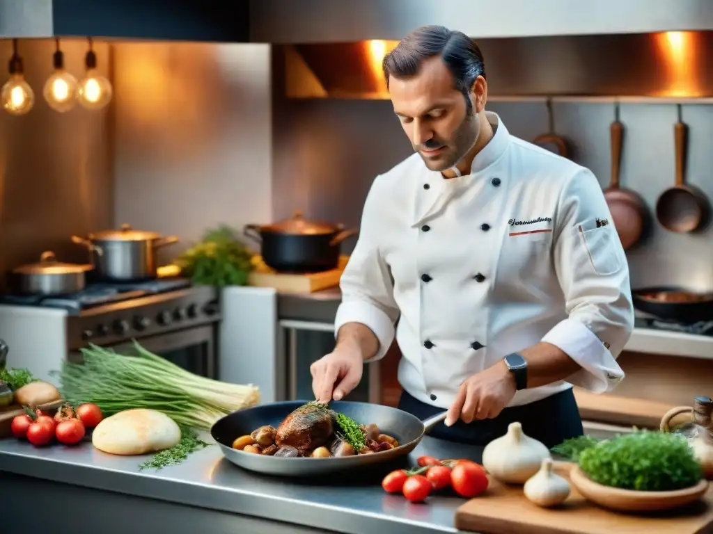 Un chef francés prepara Coq au Vin en una cocina rústica, capturando la esencia de la tradición culinaria francesa