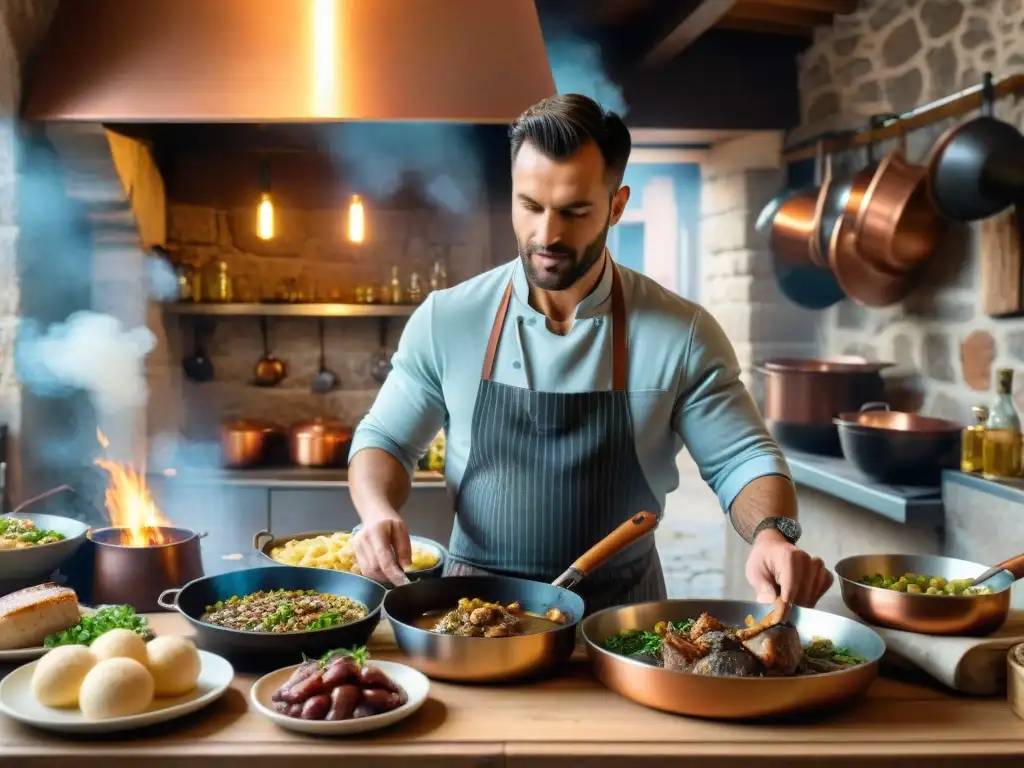 Chef preparando Coq au Vin en bistró de Grenoble, con ambiente acogedor y cocina tradicional francesa