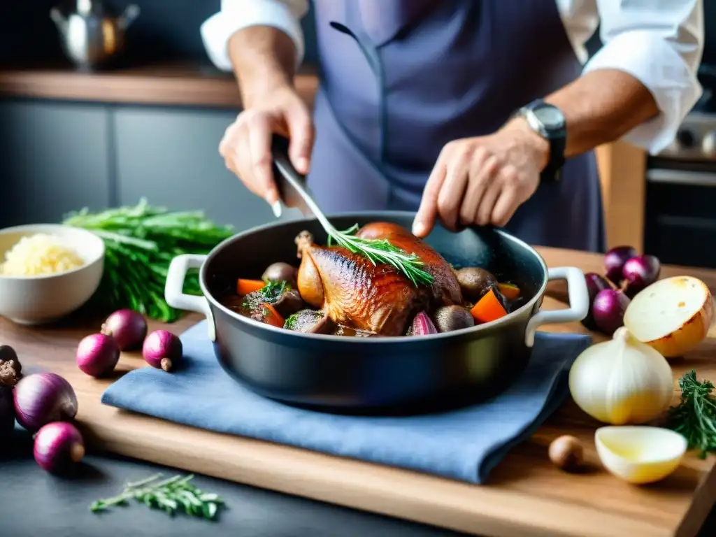 Un chef francés prepara un Coq au Vin en una cocina tradicional, fusionando la gastronomía francesa tradicional y moderna