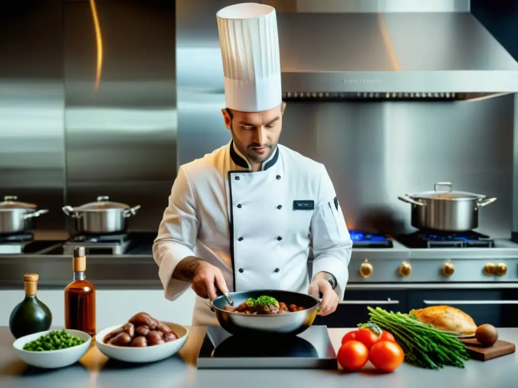 Un chef francés prepara un Coq au Vin en una cocina moderna, fusionando tradición e innovación