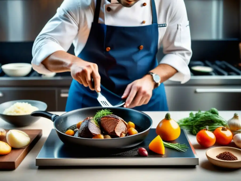 Un chef francés prepara un Coq au Vin en una cocina rústica y moderna, fusionando tradición e innovación gastronómica