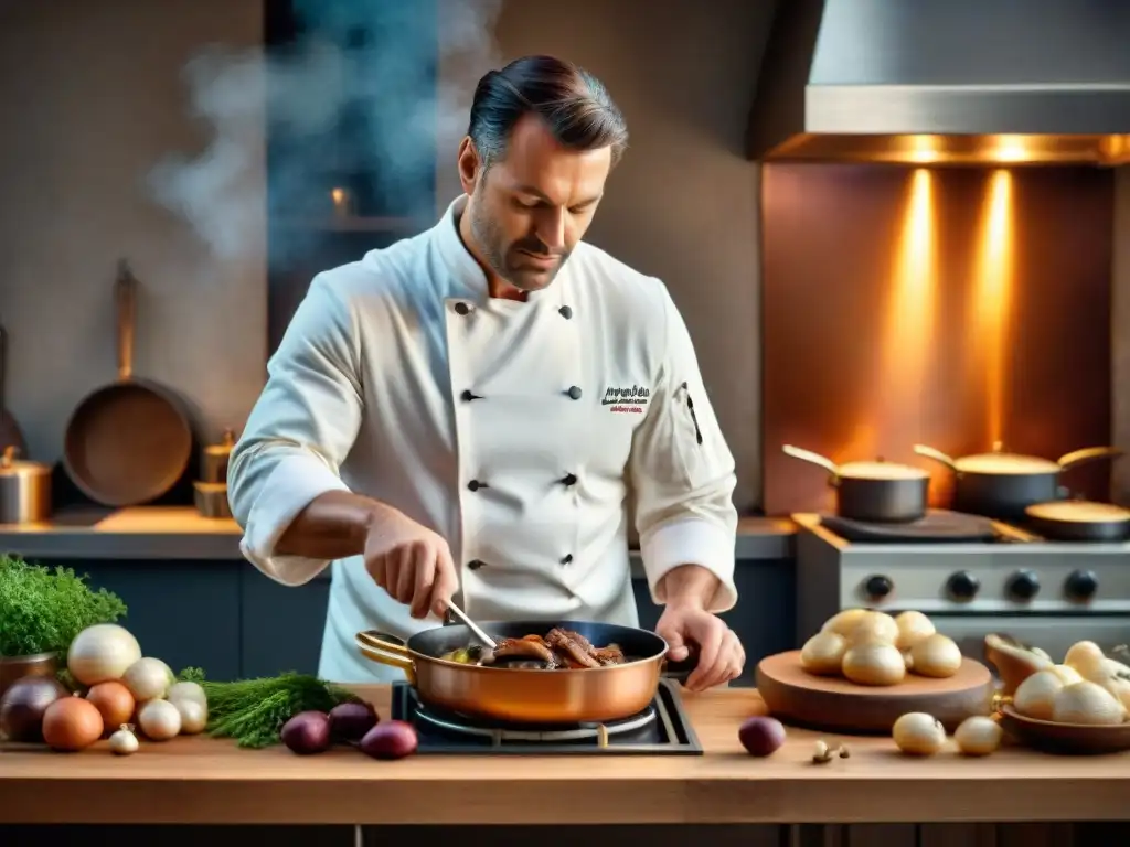 Un chef francés prepara Coq au Vin en una cocina rústica, exudando maestría culinaria y amor por las recetas tradicionales gastronomía francesa