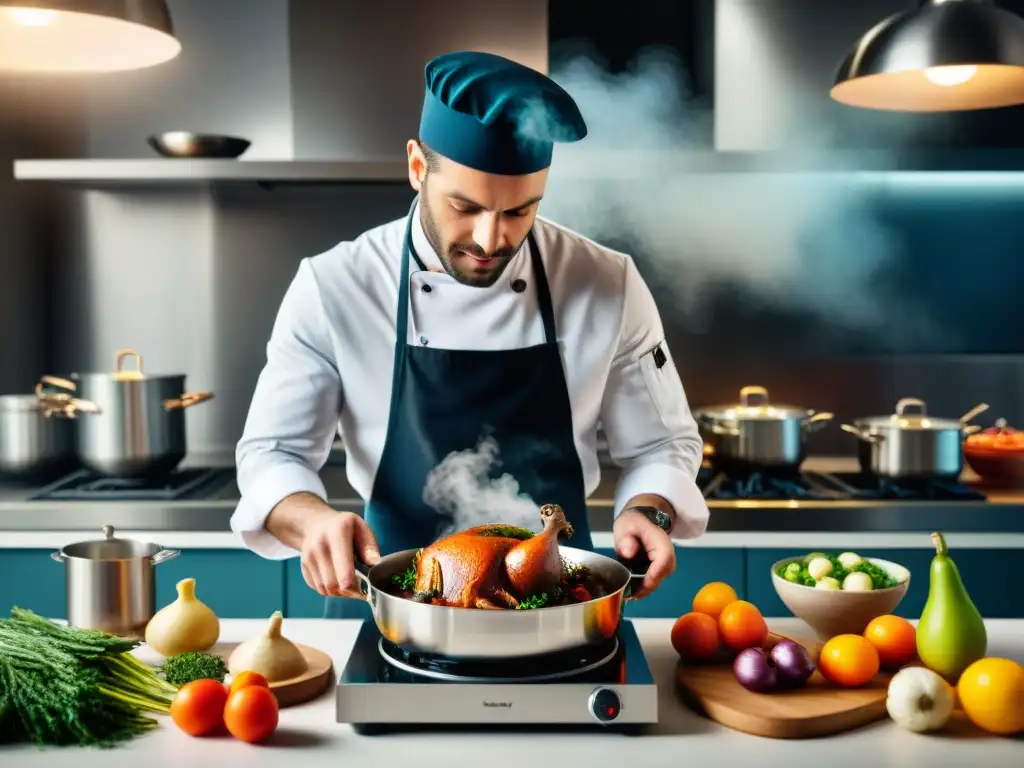 Un chef francés prepara un Coq au Vin, fusionando técnicas tradicionales e innovadoras