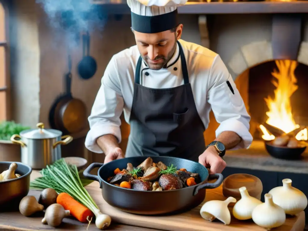 Un chef francés prepara un Coq au Vin en una cocina campestre, rodeado de ingredientes frescos