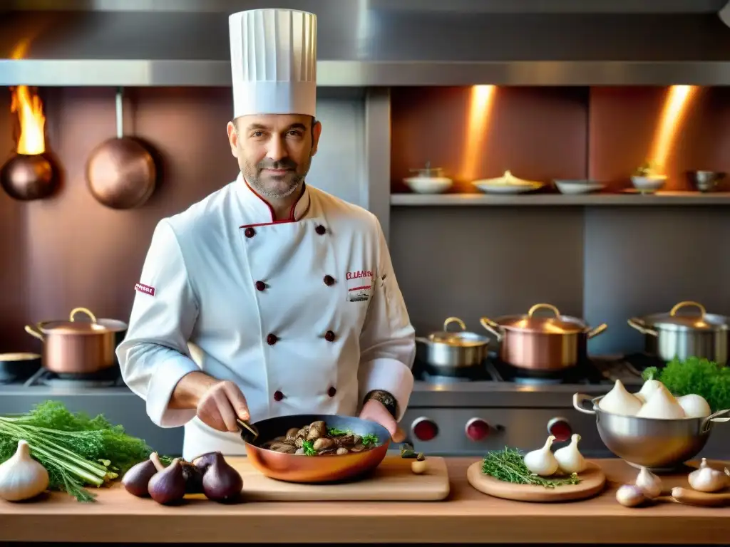 Un chef francés prepara Coq au Vin en una cocina tradicional